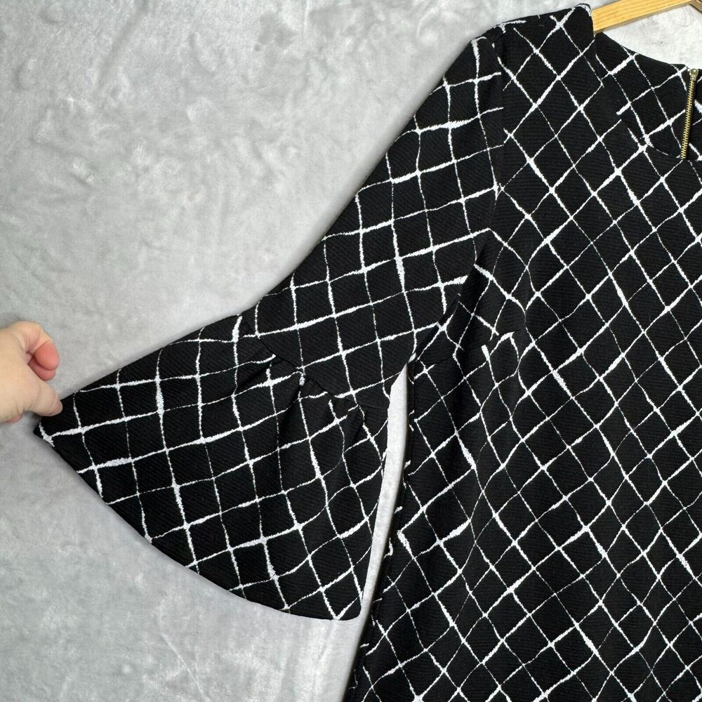 Calvin Klein Dress Womens 14 Black White Plaid Shift 3/4 Bell Sleeve Stretch - Picture 3 of 9